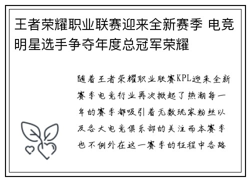 王者荣耀职业联赛迎来全新赛季 电竞明星选手争夺年度总冠军荣耀